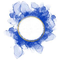 Abstract blue brush stroke overlay with gold circle frame, alcohol ink, splash of watercolour paint stain, splatter design texture paint material with grunge art, grungy vintage ocean background