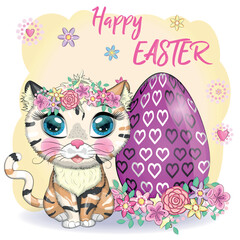Cute cartoon Cat near a beautiful Easter basket full of eggs. Happy Easter card