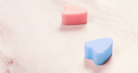 Blue and pink tampon stringless on marble background. New generation. Safety and reliable protection for girls and women