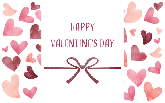 バレンタインのロゴ　水彩風　ハートとリボン　ピンク　赤