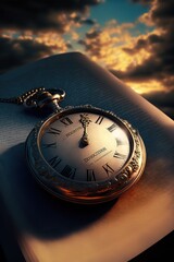 Old pocket watch on bible book. Passing of time concept. Clouds and sky. Fantasy scene. Generative ai