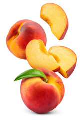 Peach isolated. Whole peach flying with a slice on white background. Falling peach fruit with leaf and cut pieces. Full depth of field. - 555676877