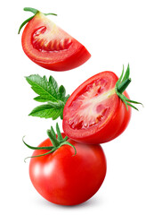 Tomato isolated. Whole tomato with leaf flying on white background. Falling tomato, half, slice and...