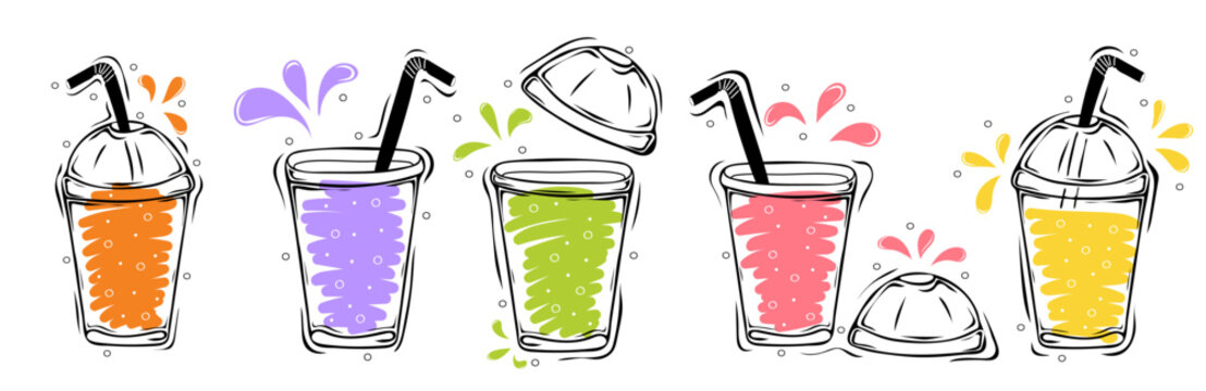 Set of plastic cups with non alcoholic drinks. Healthy food or Detox concept.  Hand drawn vector elements of smoothies, lemonade, fresh, juice, detox and fruits in sketch style