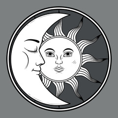 The mystical symbol - moon and sun with faces in retro style in a round frame. Vector illustration isolated on a dark background