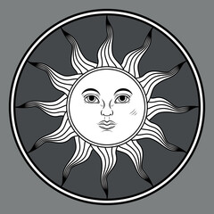 Sun with face in a round frame - retro style illustration isolated on a dark background. Vector illustration