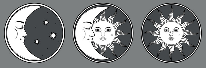 Moon and sun with faces in a round frame collection - retro style illustration isolated on a dark background. Vector illustration