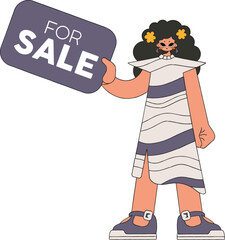 The girl is holding a sign For Sale. Trendy bright style.