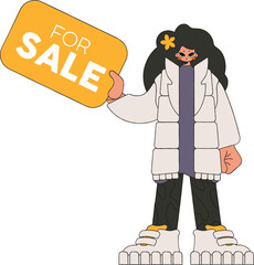 The girl is holding a For Sale sign in her hands. Attractive bright style.