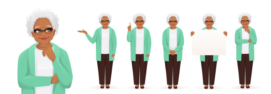 Mature senior woman in casual clothes set with different gestures vector illustration