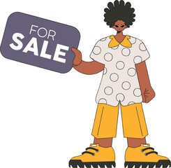 The boy is holding a sign For Sale. Attractive bright style.