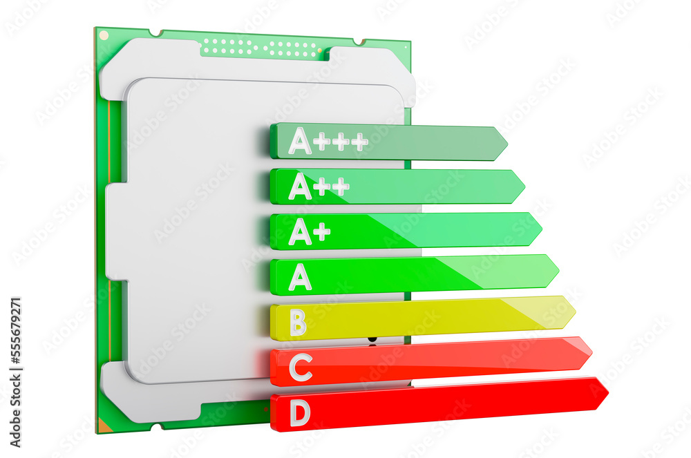 Poster cpu computer processor unit with energy efficiency chart, 3d rendering