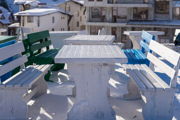 Wooden restaurant on a ski slope in winter, Pamporovo, Bulgaria.