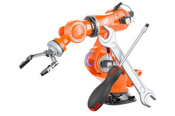 Robotic arm with screwdriver and wrench, 3D rendering
