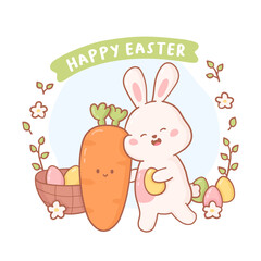 Happy Easter cute card. Vector postcard with rabbit, carrot, basket, eggs and flowers in cartoon style. Holiday design for social media, print and web site