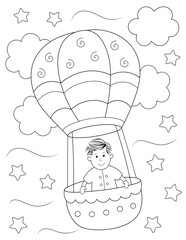 cute boy in hot air balloon. coloring page for kids