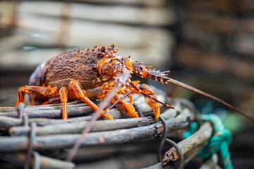 close up of a Catching live Lobster in America. lobster crayfish in Tasmania Australia. ready for chinese new year - obrazy, fototapety, plakaty
