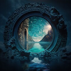 Magical portal on the water, fantasy scene. New beginning. Generative ai. 