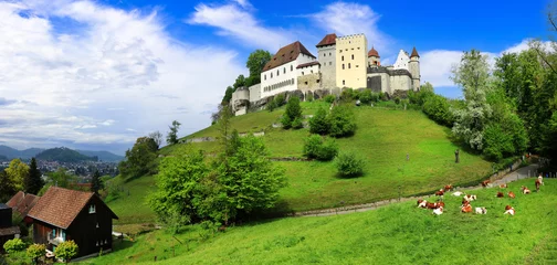 Fotobehang Scenic Swiss  landscape with medieval castles and green pastures. Lenzburg , Switzerland © Freesurf