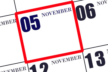 Date 5 November in a frame on the calendar, mockup, copy space. Calendar for November. Autumn...
