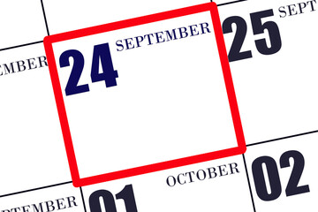 Date 24 September in a frame on the calendar, mockup, copy space. Calendar for September. Autumn month, day of the year concept.