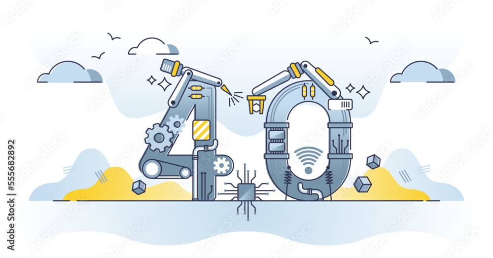 Poster industry 4.0 as factory manufacturing future generation outline concept. production process developm