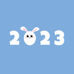 Rabbit 2023 Year. Cute kawaii bunny illustration. New Year of Hare vector card. Numbers 2023 with smiling bunny face on blue background