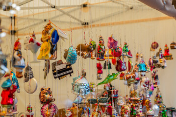 Colorful Christmas decorations at a traditional Christmas market in Switzerland