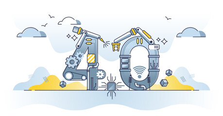 Obraz premium Industry 4.0 as factory manufacturing future generation outline concept. Production process development with automation or performance optimization using digital high tech conveyer vector illustration