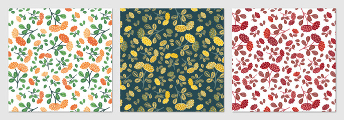 Seamless floral pattern set with flowers and leaves. Vector illustration.