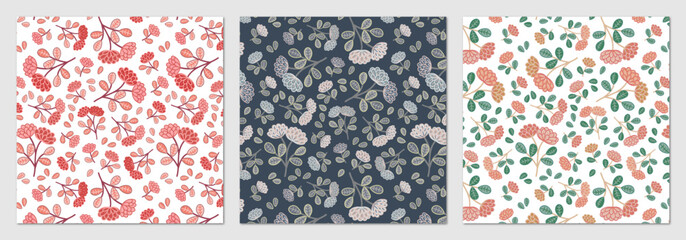 Seamless floral pattern set with flowers and leaves. Vector illustration.