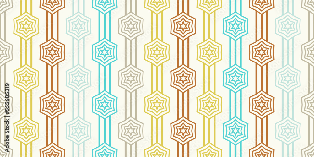 Poster Stripes and hexagons seamless pattern. Vector seamless background for print, surface application and decoration.