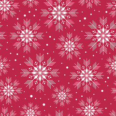 Fototapeta na wymiar Falling snowflakes on red background. Seamless pattern.