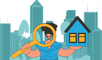 Concept Selling and owning a house. Real estate realtor guy holding a house.