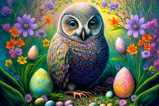 Adorable baby owl and colored Easter eggs Flowery Meadow