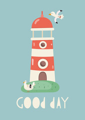 Nautical Nursery Wall Art Cute Poster with Cartoon Lighthouse