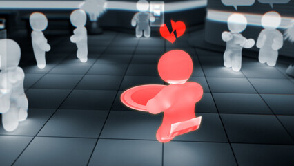 virtual reality user with broken heart - divorce, love problem concept - industrial 3D rendering