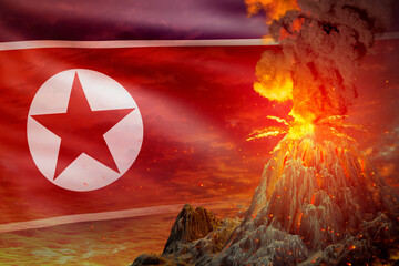 stratovolcano eruption at night with explosion on North Korea flag background, troubles because of natural disaster and volcanic earthquake concept - 3D illustration of nature