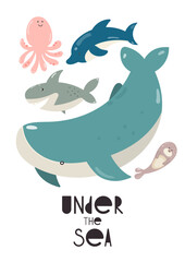 Nautical Nursery Wall Art Cute Poster with Underwater Animals