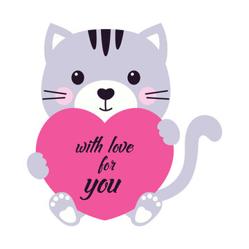 cartoon greeting card of cute cat with heart