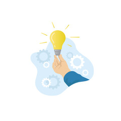 Hand holding a lamp as a symbol of ideas. Creative problem solving. Invention vector illustration flat style design. Isolated electric lamp in hand template.