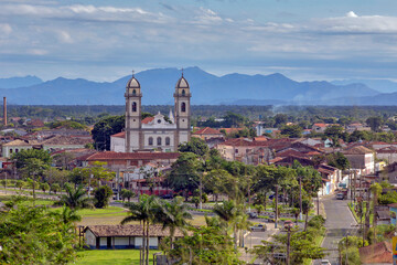 Panoramic view of Iguape, colonial city on the southern coast of the state of Sao Paulo, Brazil. Highlight for the Cathedral of Bom Jesus de Iguape
