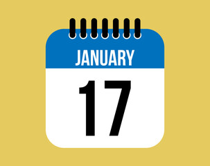 17 January day calendar icon. Blue calendar vector on yellow background for January days. Sheet design for reminder and special dates