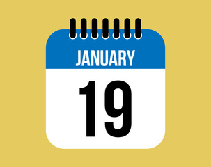 19 January day calendar icon. Blue calendar vector on yellow background for January days. Sheet design for reminder and special dates