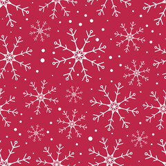 Fototapeta na wymiar Falling snowflakes on red background. Seamless pattern.