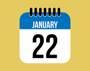 22 January day calendar icon. Blue calendar vector on yellow background for January days. Sheet design for reminder and special dates