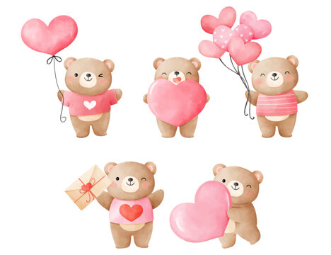 Draw collection funny bear with pink heart for valentine day