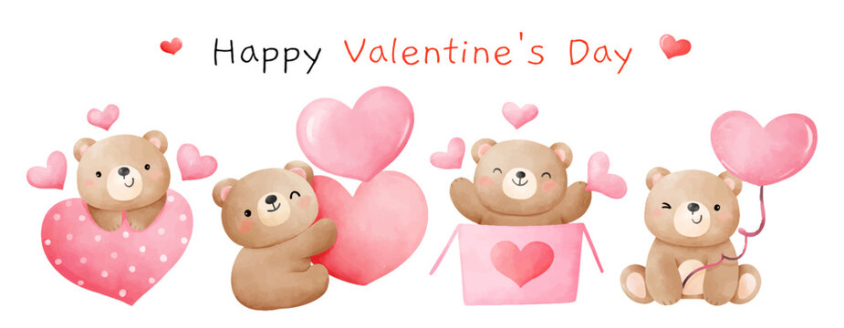 Draw cute bear with pink hearts for valentine day
