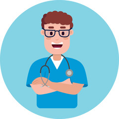 Fototapeta premium Portrait of smiling doctor or health worker in medical uniform with stethoscope. Colored flat cartoon vector illustration of medic specialist
