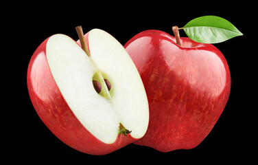 Delicious red apples with leaves, isolated on black background
